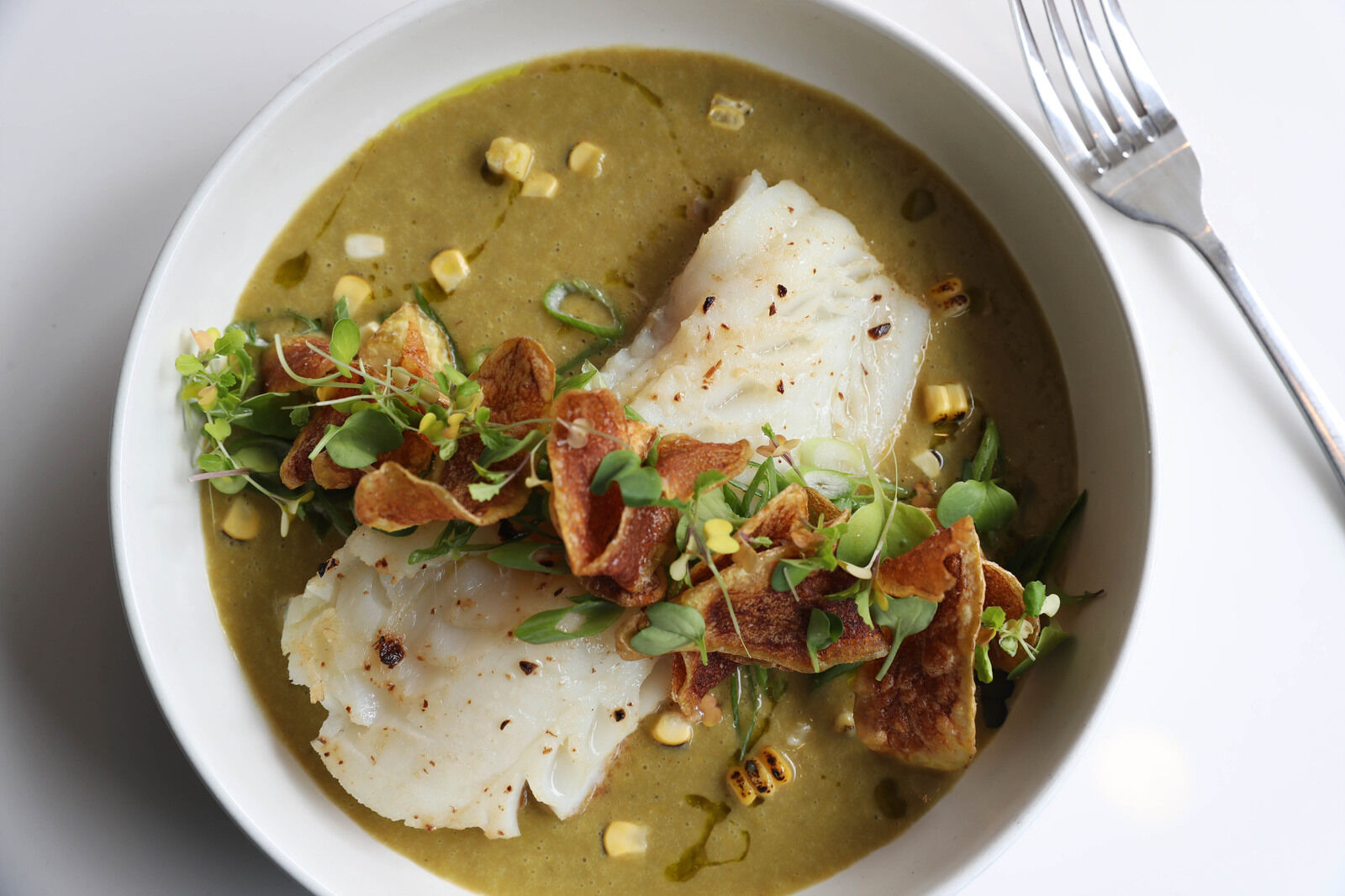 Cod in poblano chowder at Caza Azul